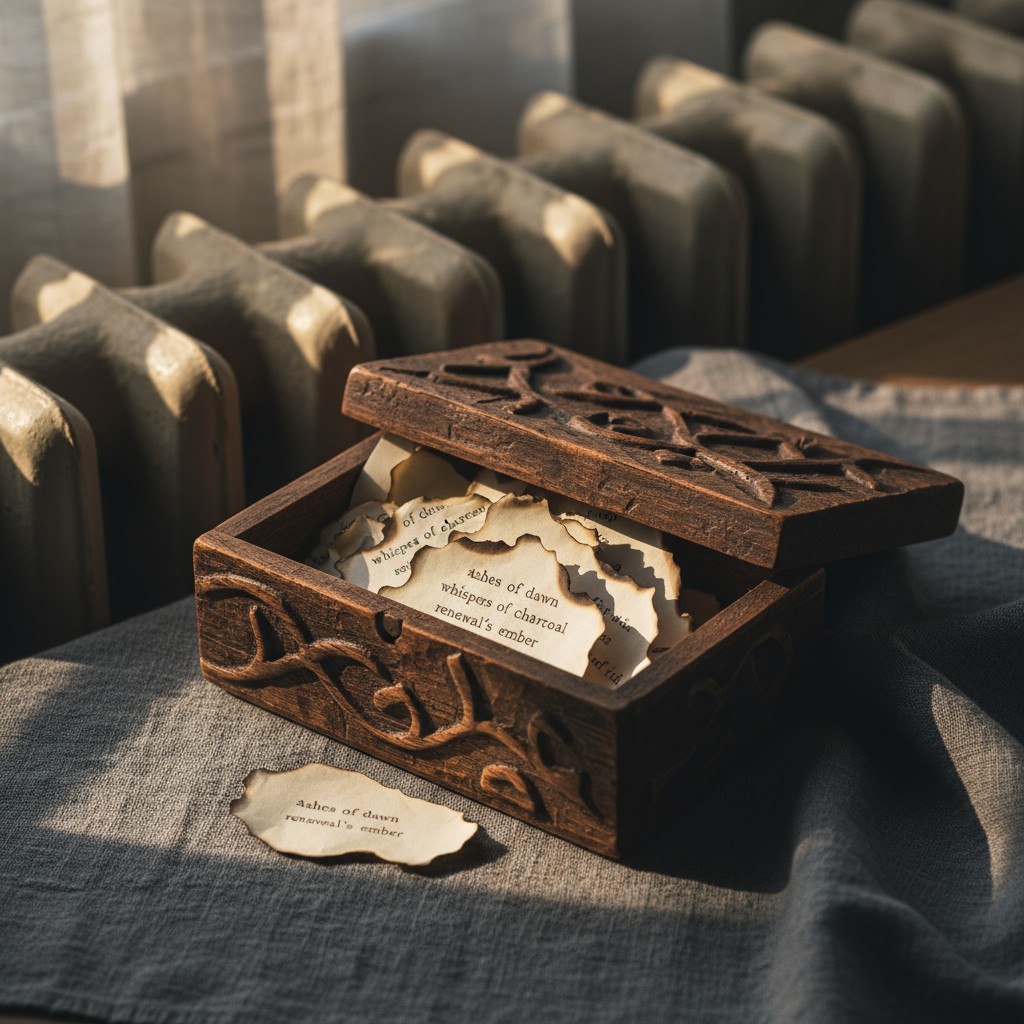 A wooden box ornamented with carvings, open and showing paper with the following four lines of text written on it: - ashes...